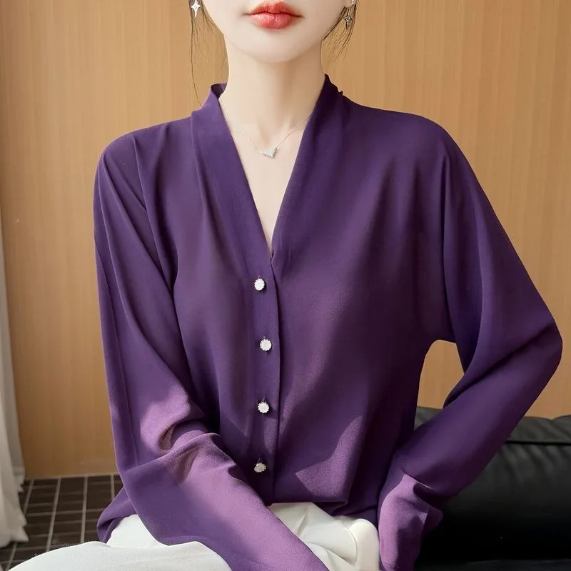 

Women's French Style V-Neck Silk Blouse with Decorative Buttons Loose Long Sleeve Sun Protection Shirt