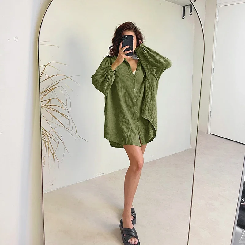 Loose Casual 100% Cotton Gauze Women Blouse Long Sleeve Sexy V-ncek Button Up Streetwear Oversize Tee Shirt Elegant Top Clothing