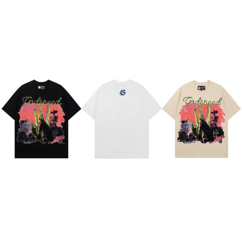 Godspeed American Style Skeleton Knight Short Sleeve T-Shirt Retro High Street Hip Hop Loose Pure Cotton Hand Print T-Shirt
