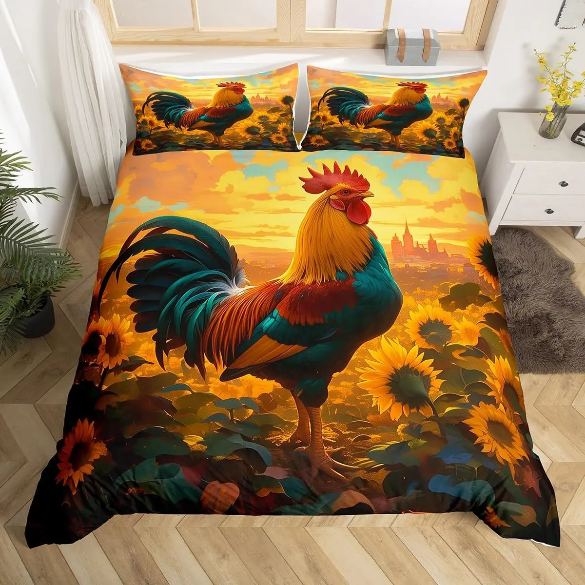 Rustic Rooster Bedding Set Farm Animal Duvet Cover Full King Queen Size Microfiber Farmhouse Chicken Quilt Cover With Pillowcase
