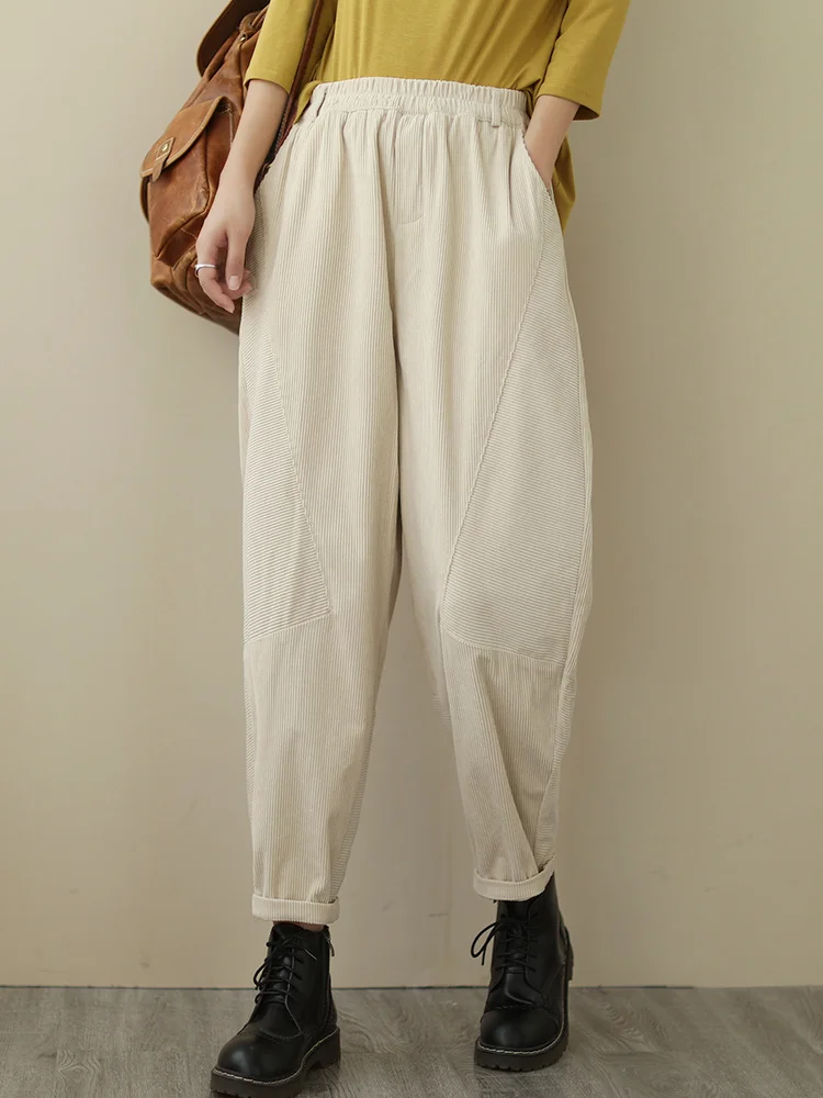 Hoge taille corduroy harembroek dames losse afslankende casual lange broek retro gestreept fluweel comfortabel woon-werkverkeer sle katoen