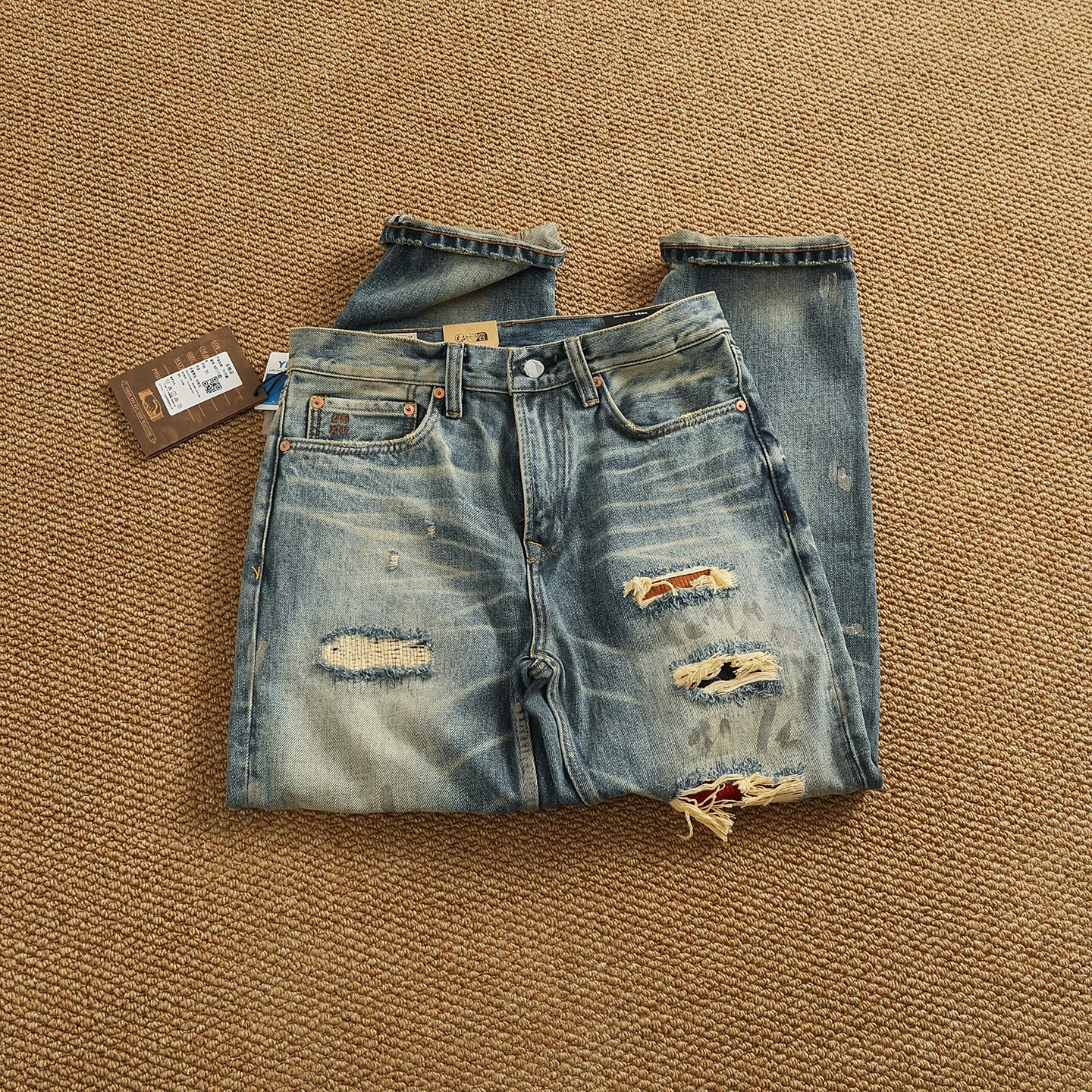 Pantalones vaqueros pesados de alta calidad para hombre, Vaqueros rectos cónicos lavados artesanales con parches desgastados a la moda de calle alta