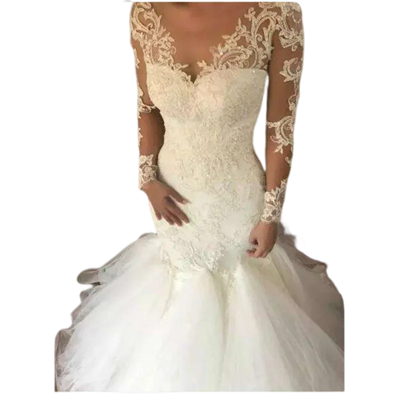 Customized Modest V Neck Long Sleeves Bridal Gown Lace Applique Sweep Train African Mermaid Wedding Dresses With Buttons Back