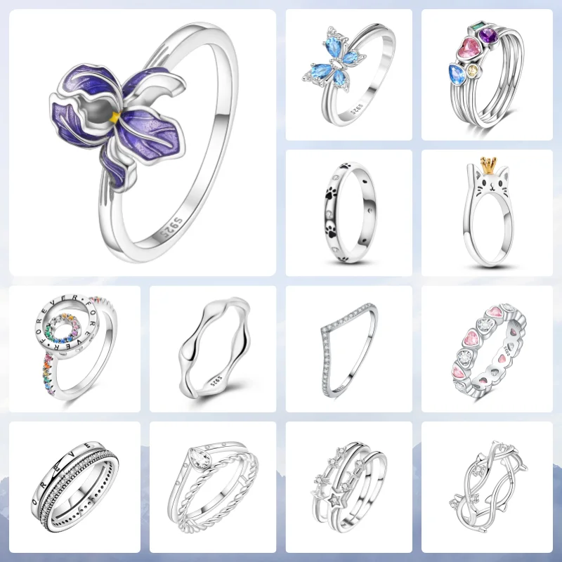 MISEFF Original 925 Sterling Silver Cat Rings For Butterfly Moon Star Paw Heart Shape Luxury Jewelry Fit Women Birthday Party La