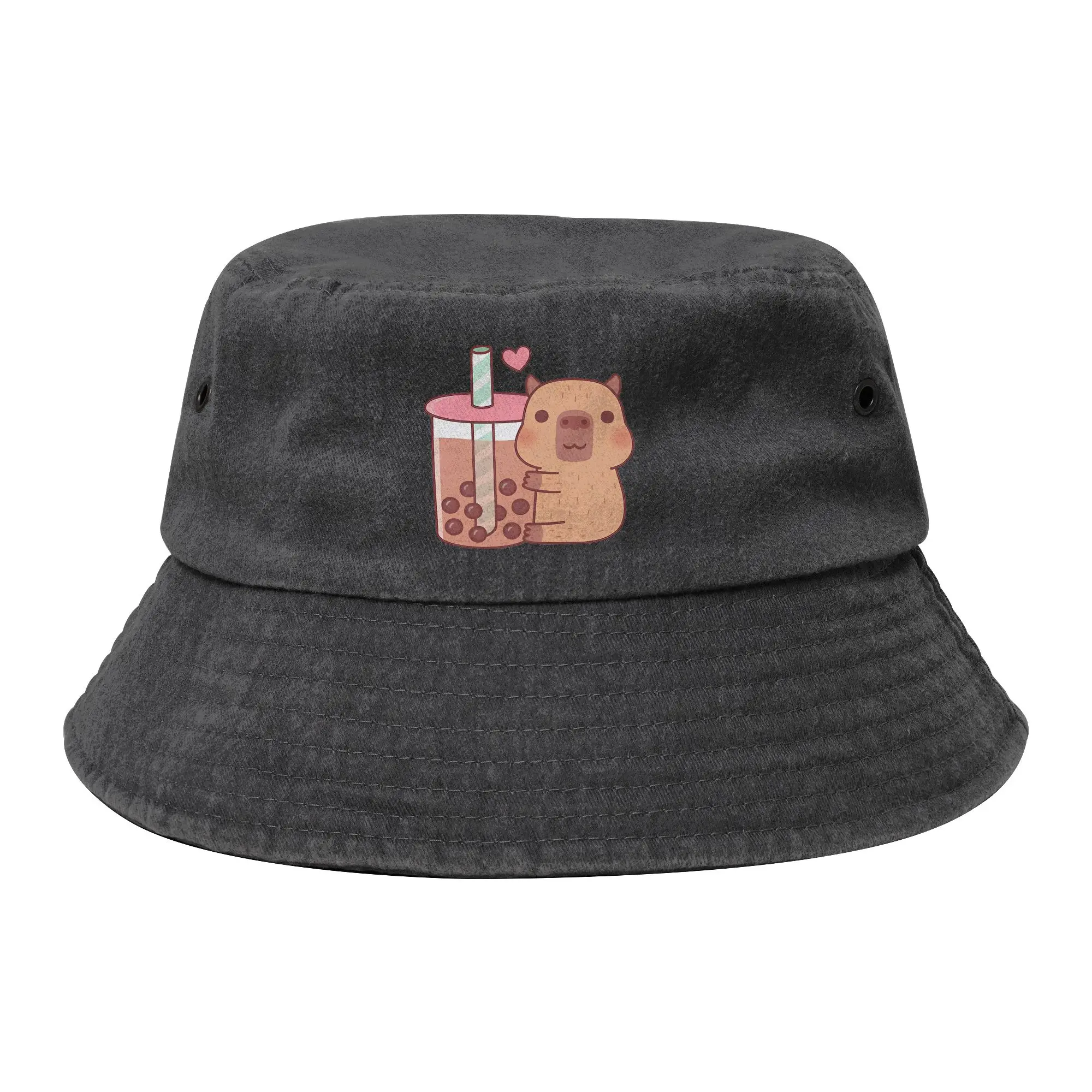 Little Capybara Hugs Bubble Tea Bucket Hat for Unisex Distressed Denim Field Hat UV Protection for Hiking Fishing Hat Ispoti Hat