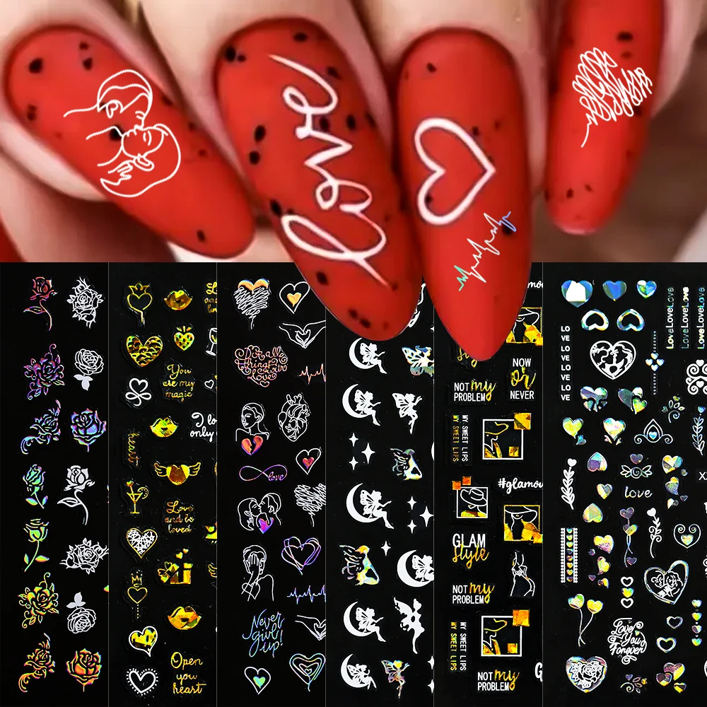 12pcs Sexy Lips Rose Heart Nail Stickers - 3D Self Adhesive Love Letter Nail Art Slider Decals Valentine's Day Nail Art Supplies