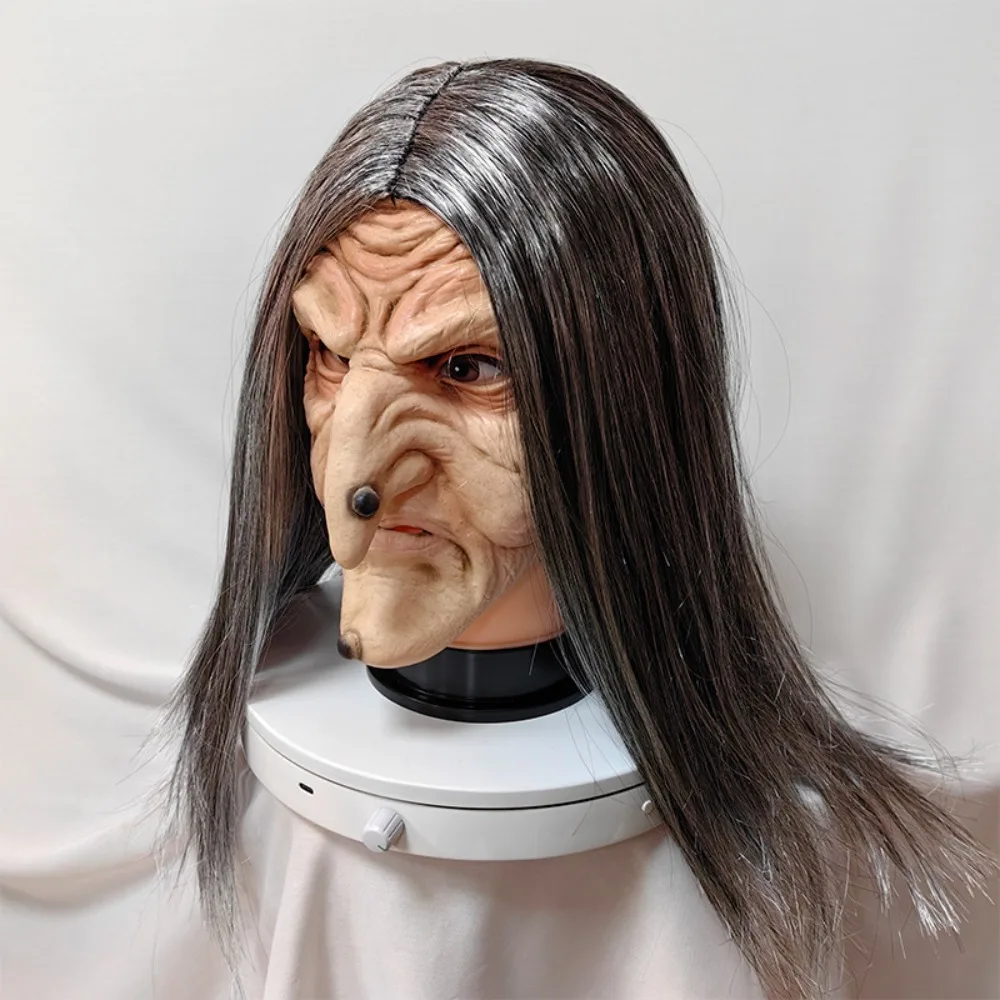 Latex Halloween Witch Head Cover Reusable Elastic Band Granny Face Mask Soft Long Hair Old Ladies Cosplay Headdress