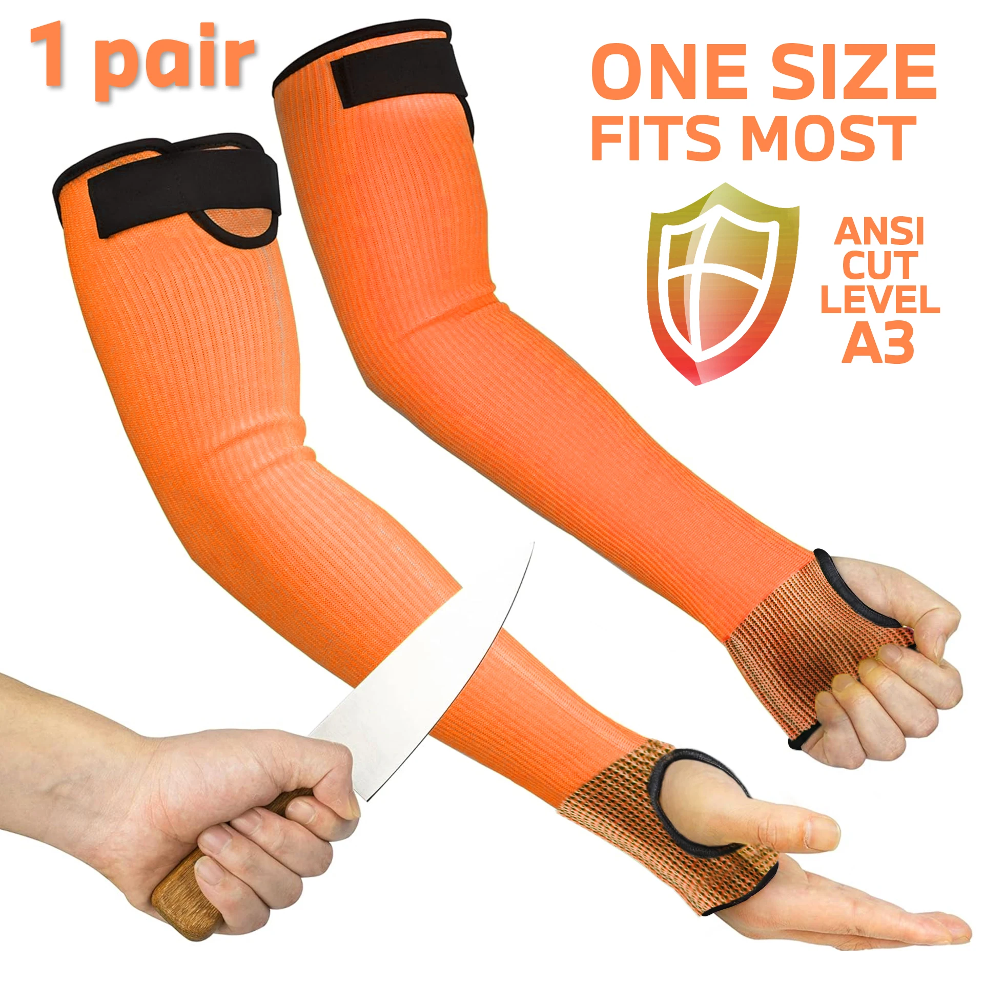 1 Pair, High Visibility Arm Covers with Cut Resistant Cuffs. Adjustable Hook and Loop. For Yard Work, Kitchen, Pet Grooming.