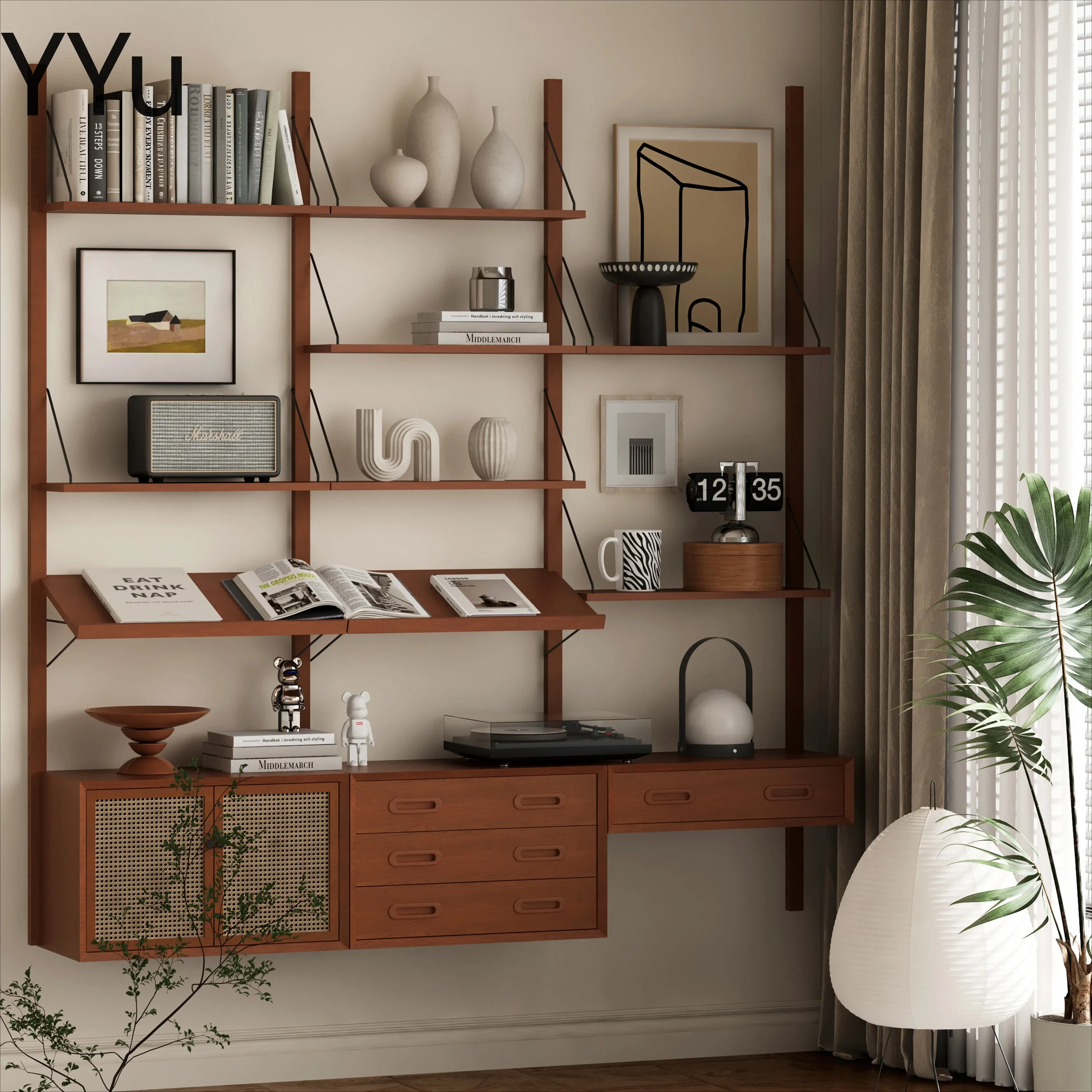 Small apartment wall adjustable shelf medieval solid wood track bookshelf free combination display shelf light luxury shelf