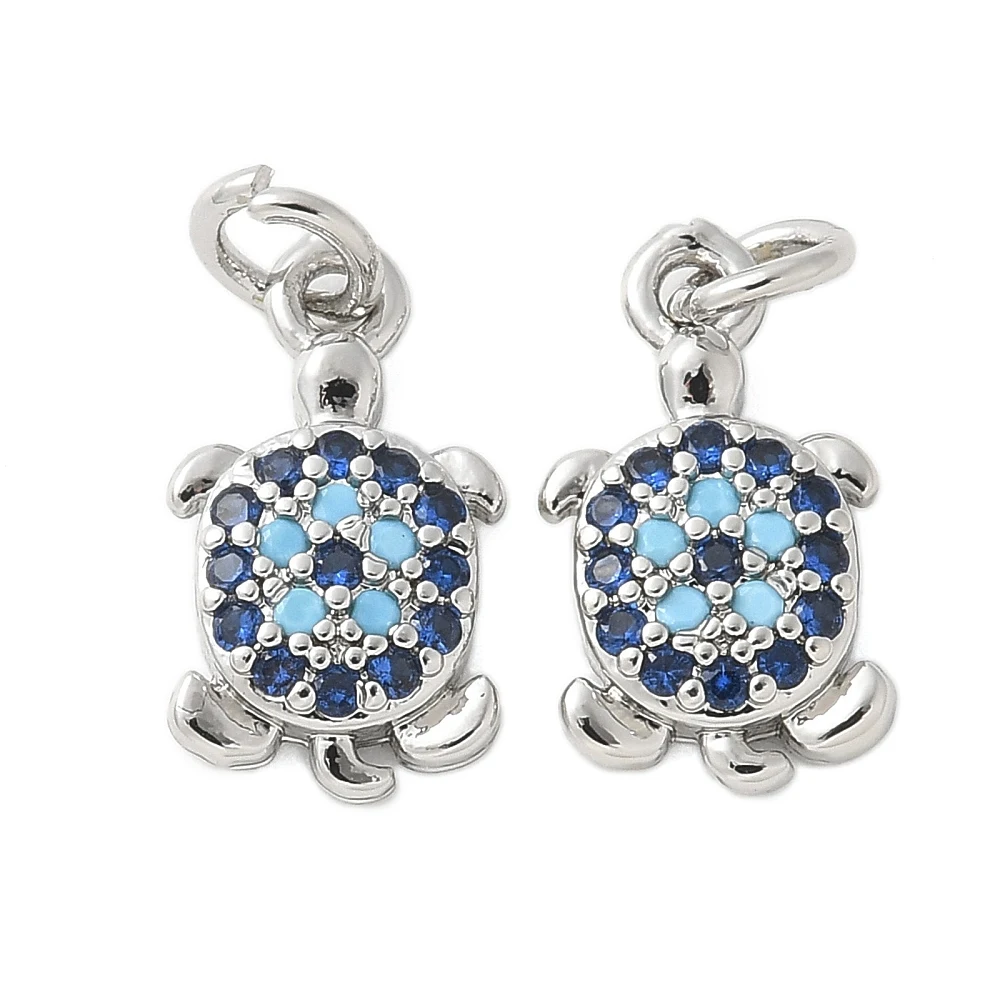 

20pcs Turtle Charms Findings Brass Micro Pave Cubic Zirconia Silver Blue Sea Tortoise Components for Jewelry Decoration Making