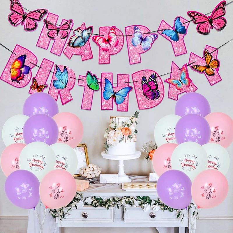 

Pink Butterfly Birthday Banner Tableware Backdrop Happy 1st First Birthday Party Decor Girl Butterfly Decoration Baby Shower