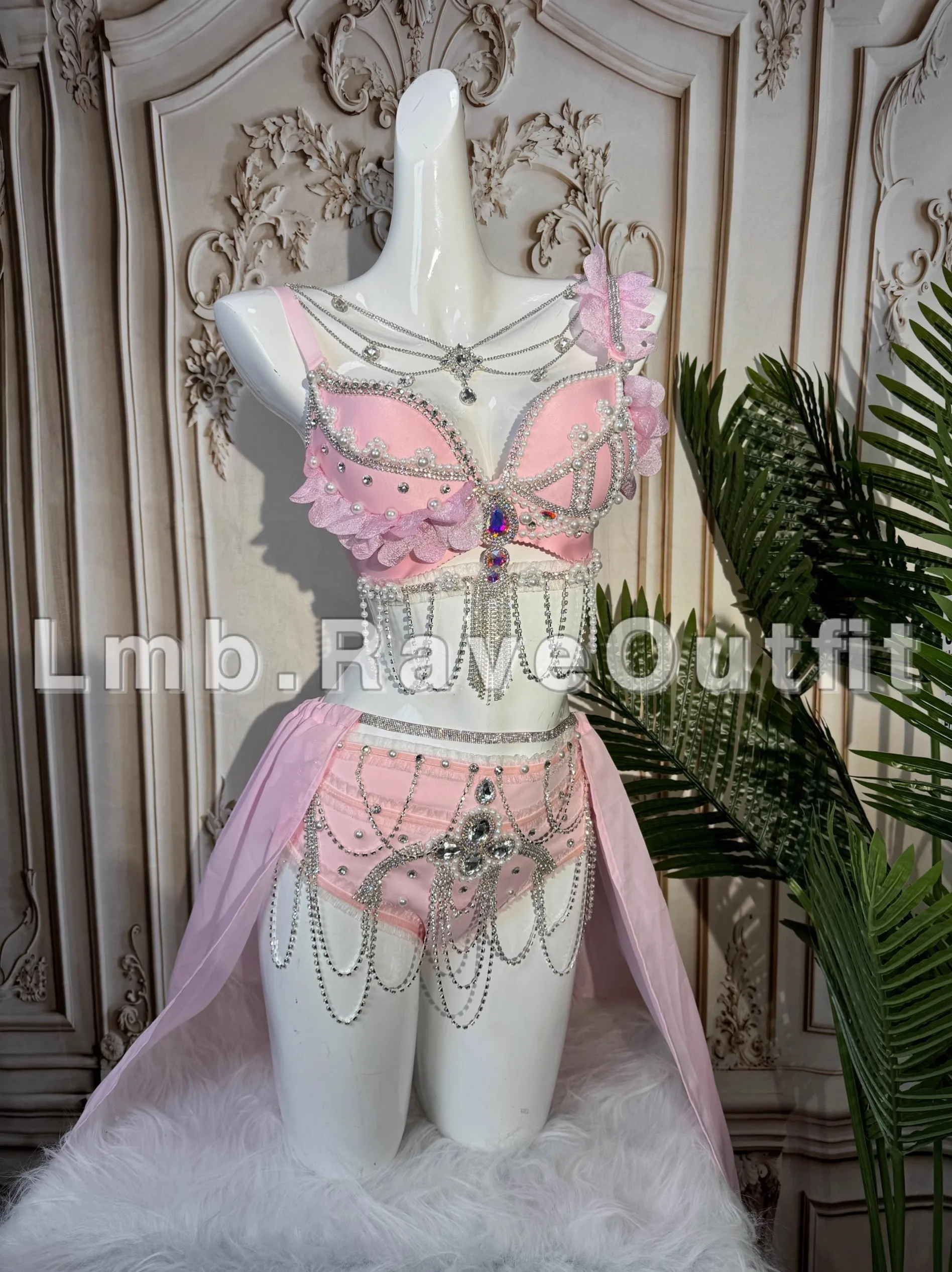 

Pink Flower Sparkling Diamond Pearl Tassel Bikini Nightclub Bar Singer Dance Stage Electric Syllable Party Prom Drag Queen Wear