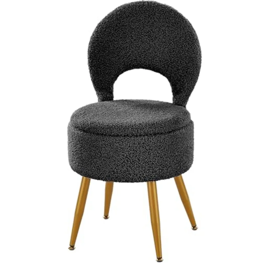 

Small Vanity Stool Chair with Storage and Folding Back4 Metal Legs with Anti-Slip Feet Round Ottoman with Velvet Seat Furry Pad