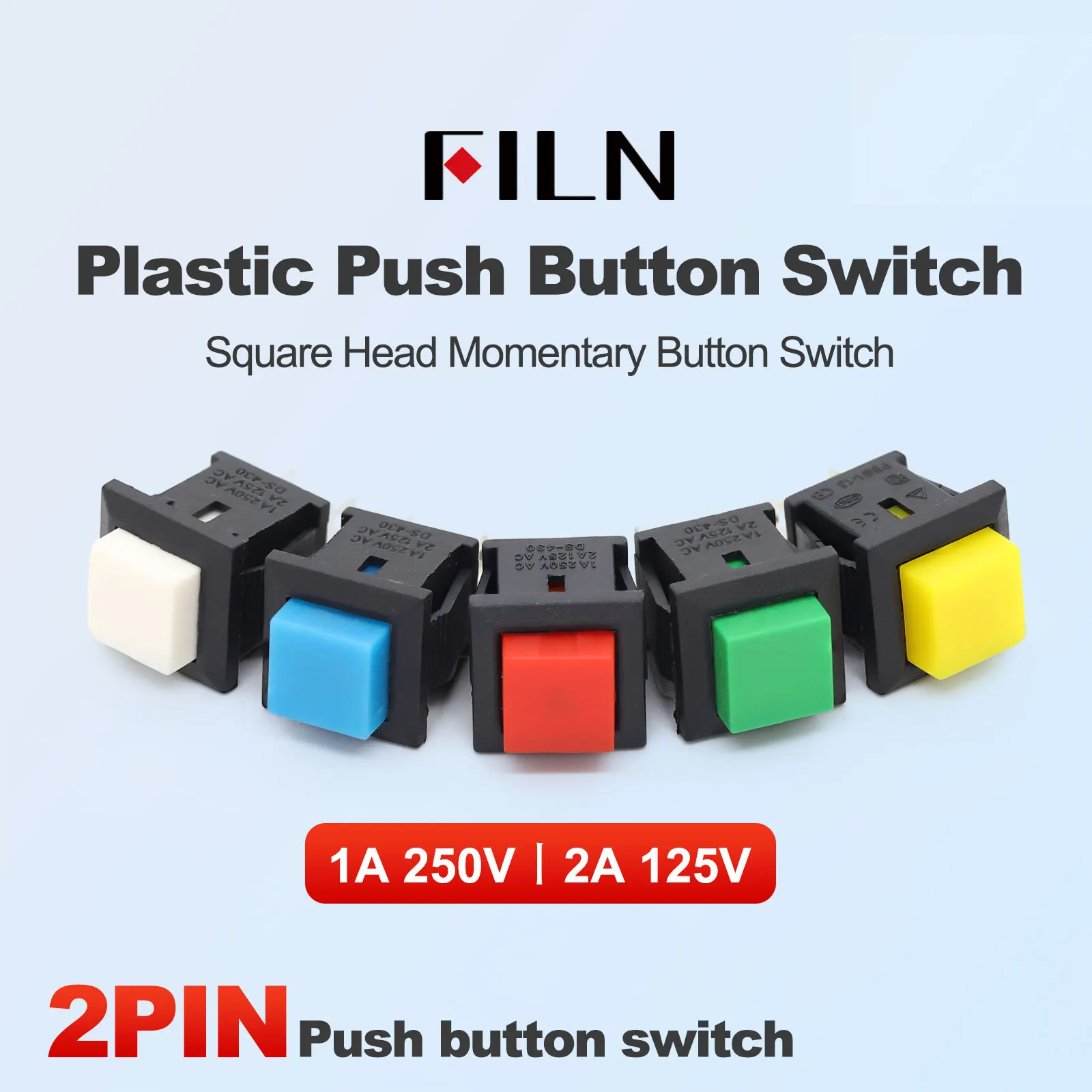 FILN 10pcs 1A 250V Momentary 2A 125V Push Button Switch 2Pin Metal Terminal Snap on Installation Red Green Blue Panel Mounting
