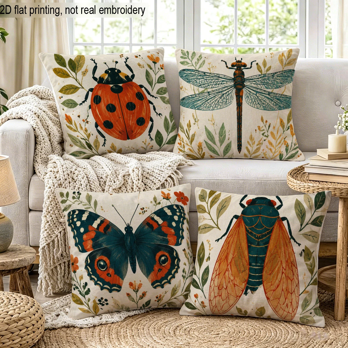 4pc Vintage Botanical Insect Throw Pillow Covers Retro Nature Dragonfly Butterfly Decorative Pillow Cases for Home Sofa Couch
