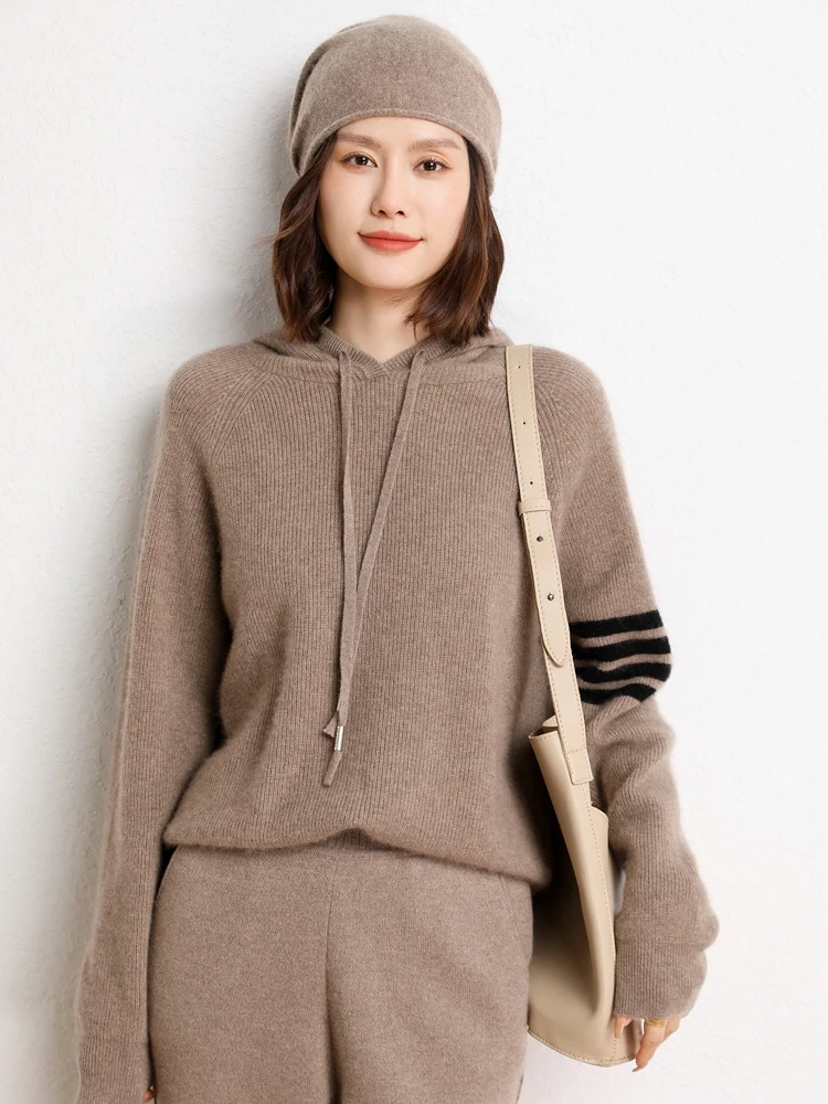 New Women 100% Cashmere Hooded Pullover Thick Warm Cashmere Hoodie Autumn Winter Luxury Knitwear Popular Cozy jumper Clothing