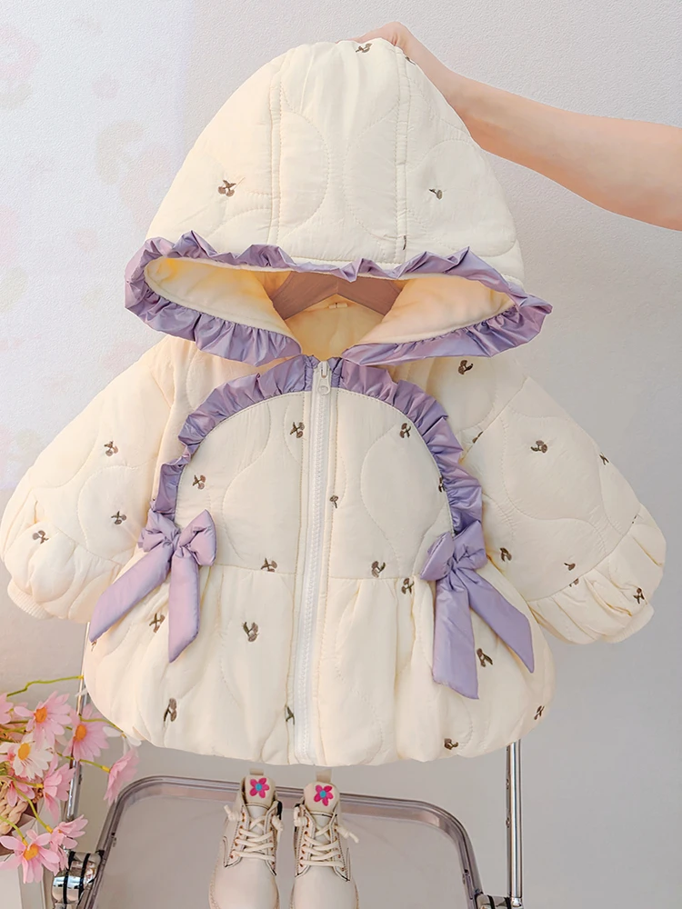 

Thiened Cotton Jaet for Baby Girls Winter Faionable Korean Sle Sweet Lace Hooded Coat Trendy Long Sve Zipper Closure