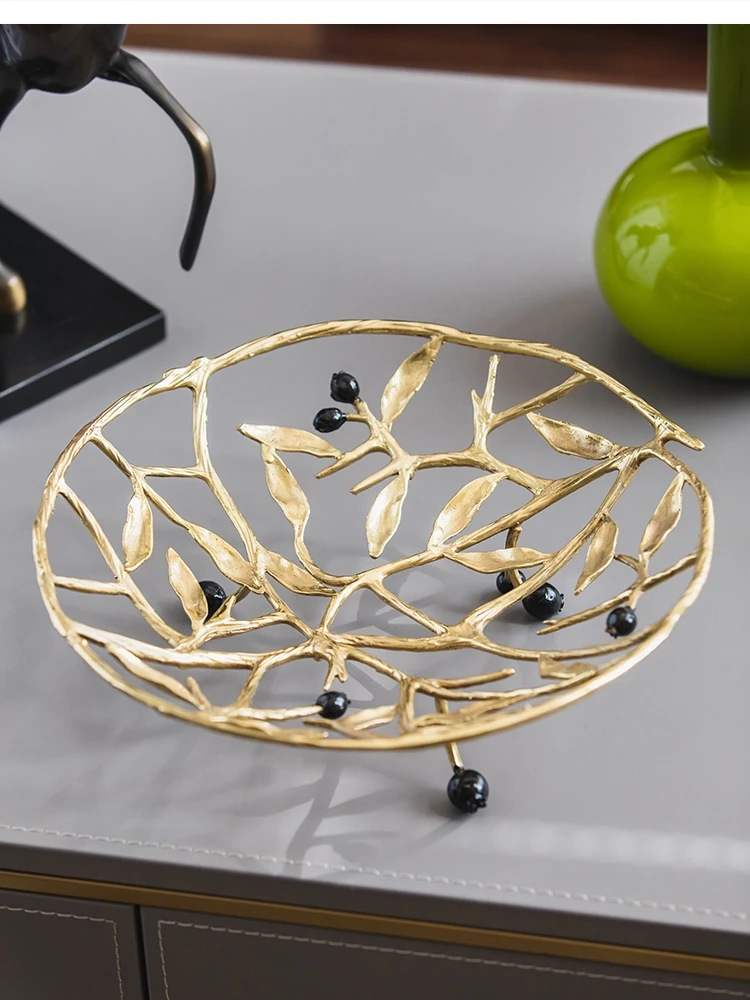 Nordic light luxury brass fruit tray olive branch hollow basket End table rack living room decoration