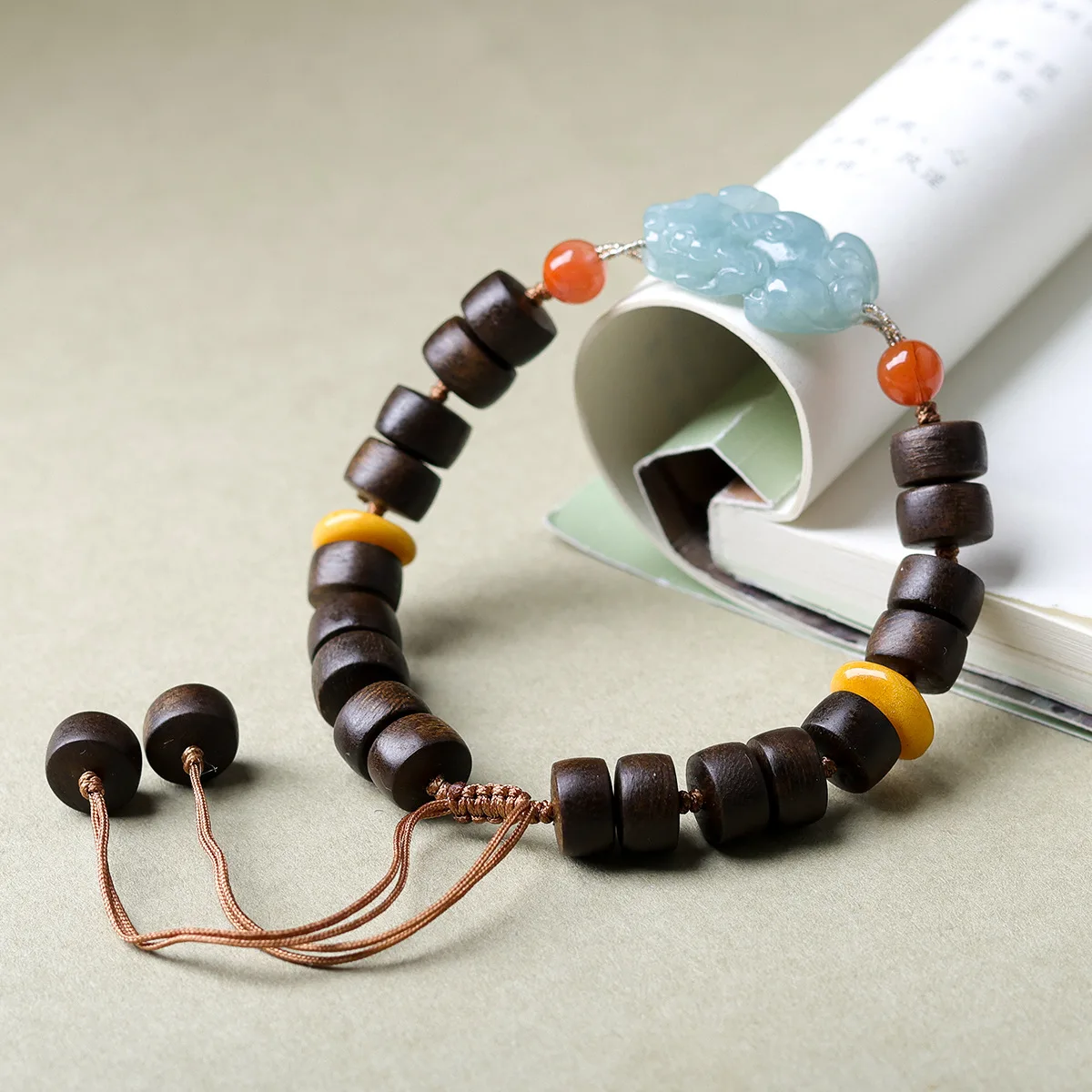 Original Phu Sen Red Earth Tablet Bead Agarwood Bracelet Jade Pixiu Chinese Hand Braided Rope Gifts