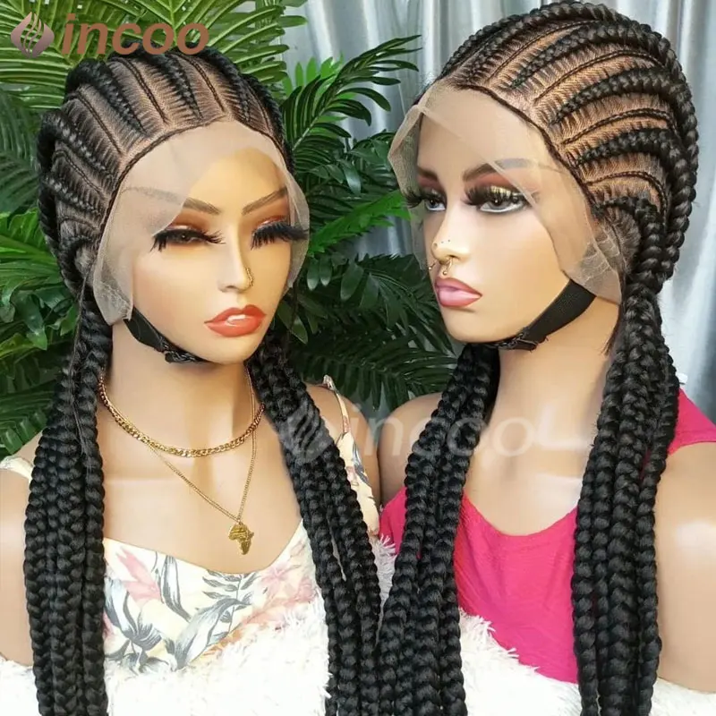 Peruca trançada sintética Full Lace Cornrow Box para mulheres negras, 36 \