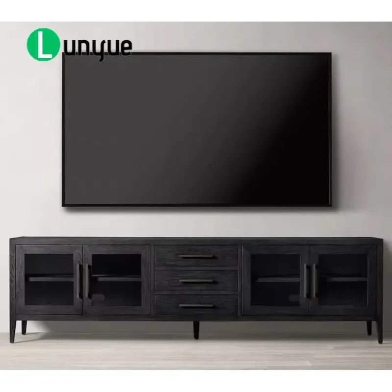 American Solid Wood TV Cabinet Oak Floor Storage Unit Modern Simple Retro Low Console for Living Room Log Locker Furniture