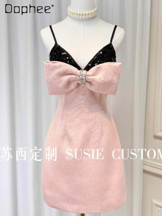 

Light Luxury V-neck Bead Sequined Rhinestone Three-dimensional Bow Flash Tweed Suspender Mini Dress High End Evening Dresses