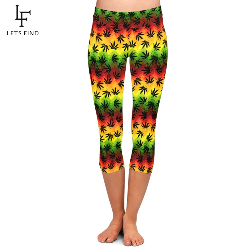 

LETSFIND 3D Hemp Leaves Printed Women Mid-Calf Stretch Capri Leggings New Arrival Fashion High Waist Soft Fitness Pant