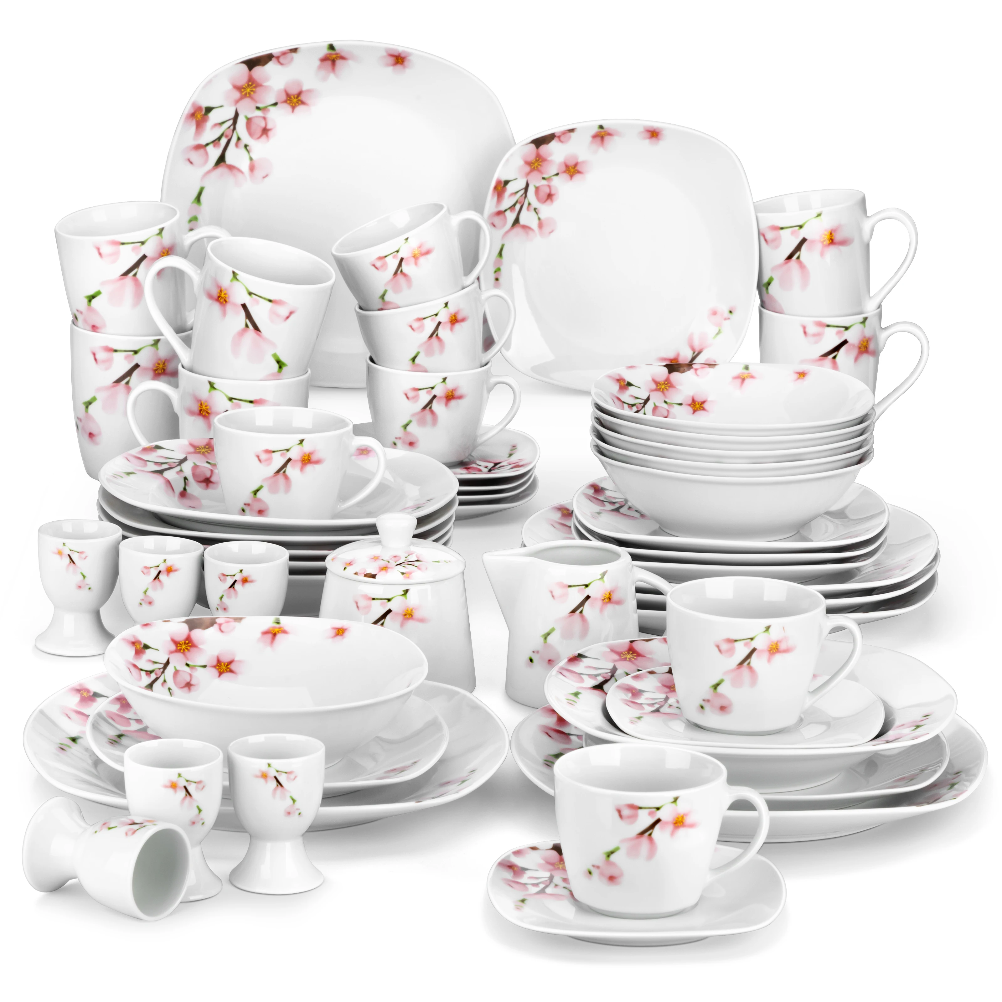 VEWEET Anniee 50-teiliges Porzellan-Geschirrset mit Eierbecher, Tasse & Untertasse, Becher, Dessert- & Suppenteller, Schüssel, Milchkrug, Zuckerdose