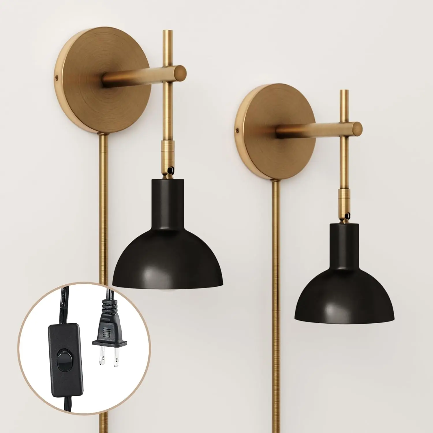 Plug In Wall Sconce Set Vintage Brass Matte Black Reading Lamp Switch
