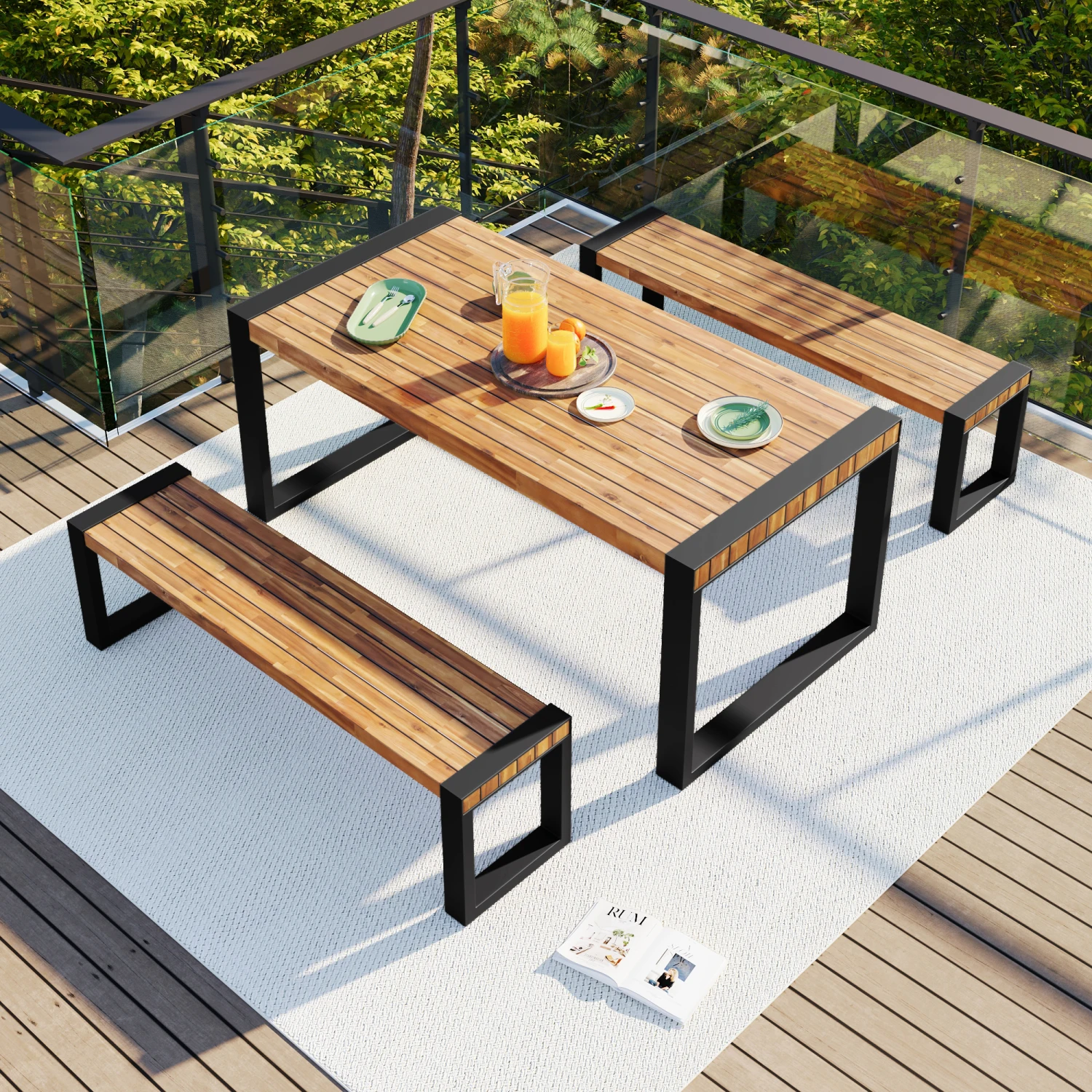 GO 3-pieces Outdoor Dining Table With 2 Benches, Patio Dining Set With Unique Top Texture, Acacia Wood Top & Steel Frame, All We