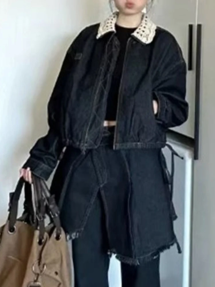 Chaqueta vaquera con cuello de encaje para mujer, abrigo caqui para primavera y otoño con estilo bohemio, informal, elegante, con capas, prendas de vestir esenciales