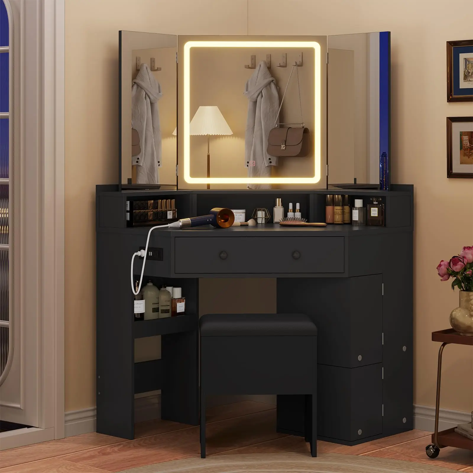 Corner Black Makeup Vanity With Lighted Mirror Power Outlet Rotating Shelves Storage Bench Dimmable Lighting