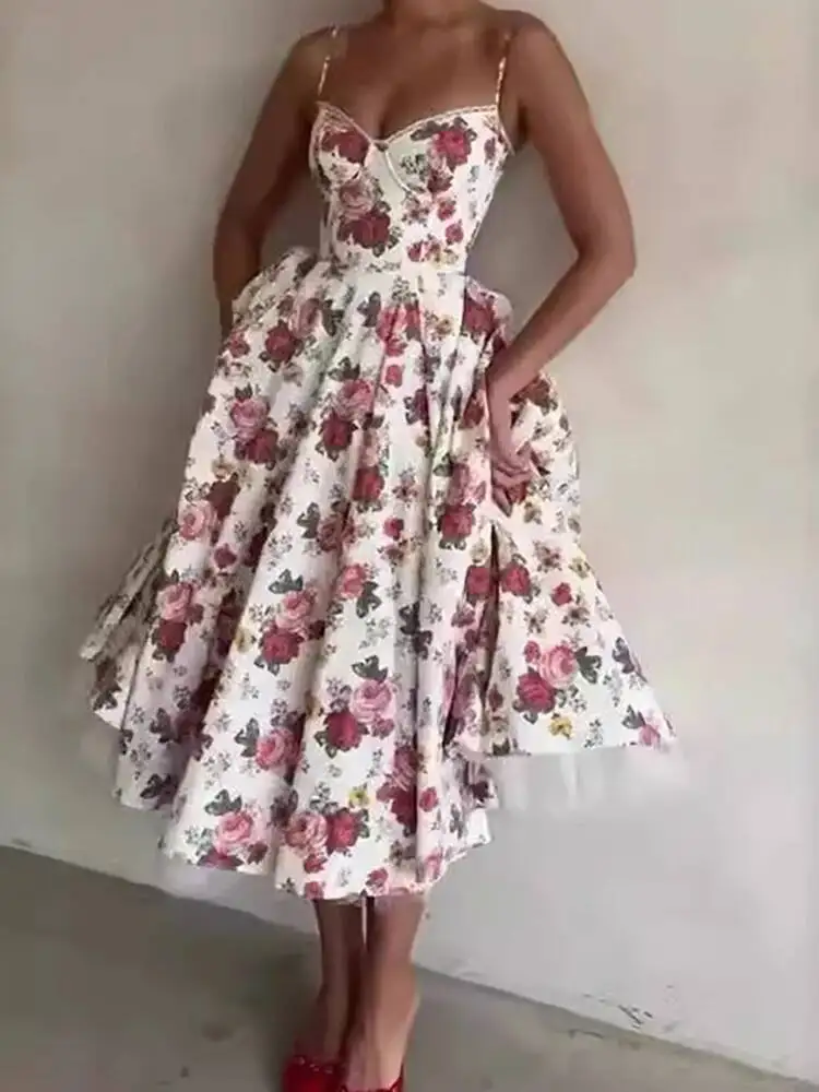 Elegante Off Schulter Dame Hosenträger Sommer Sexy Ärmellose Taille Puffy Lange Fashion Floral Print EINE Linie Party Kleid