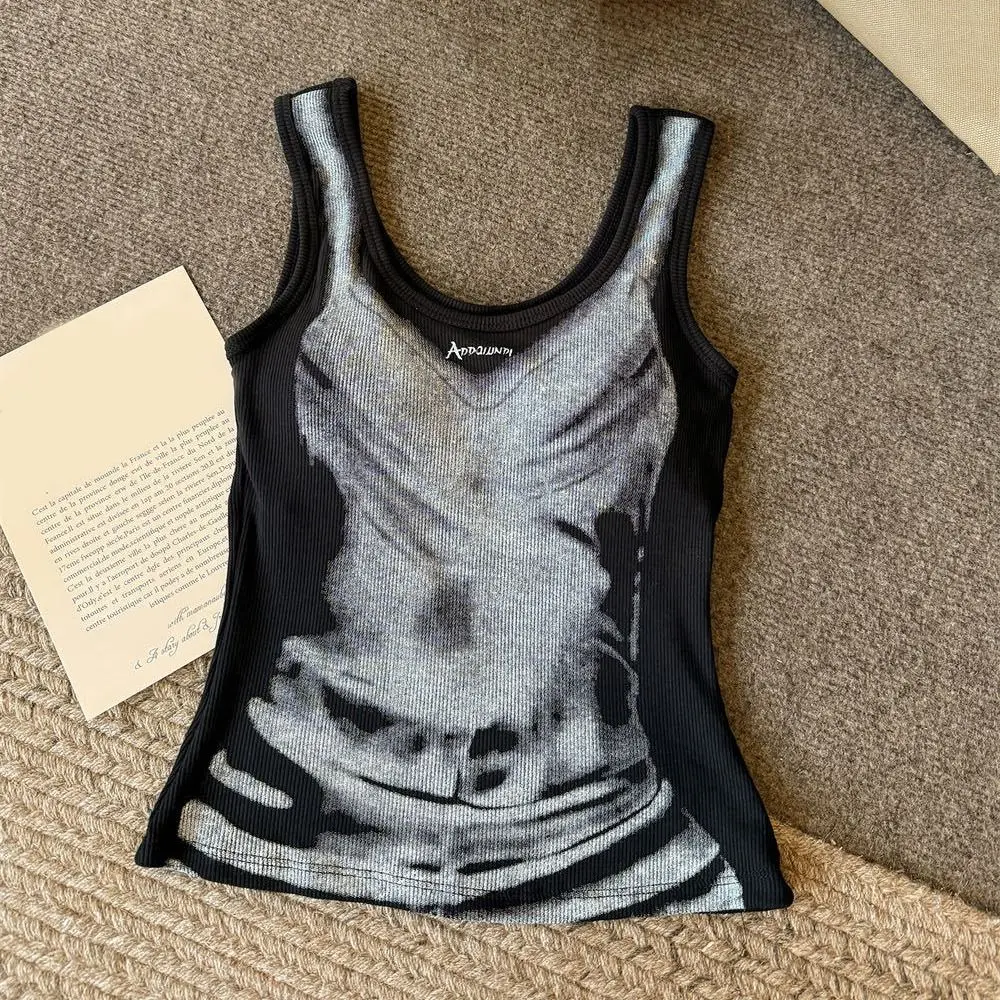 インスタイルアメリカンスタイル絞り染めキャミソールノースリーブ Y2k ガールズスリムクロップトップレトロキャミソール胸付き春夏