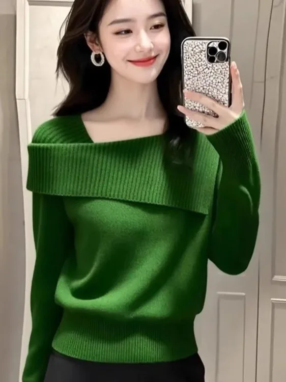 Faionable oulder Bared Long Sve pull tricoté col haut Ele Sle automne hiver femmes doux laine mélange tricots