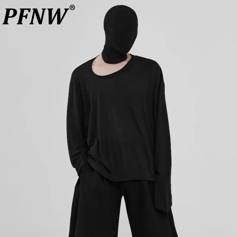 PFNW Darkwear Irregular Slant Neck Men's T-shirt Loose Long Sleeve Minimalist Unisex Niche Design Pullover Tops 2024 New 12C1681