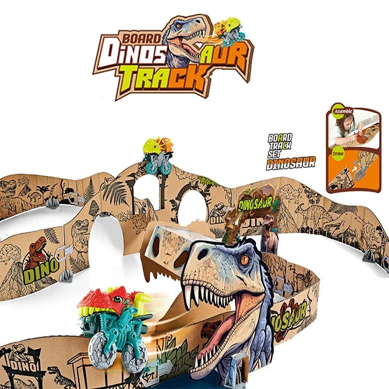Neues Produkt Kinder Dinosaurier Schienenauto Achterbahn DIY Graffiti Karton Spleißen elektrische Schiene Lernspielzeug
