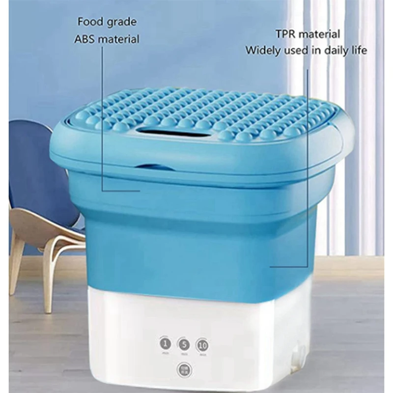 Blue Portable Travel Washing Machine, Mini Folding Washing Machine Combo With Small Collapsible Drain Basket