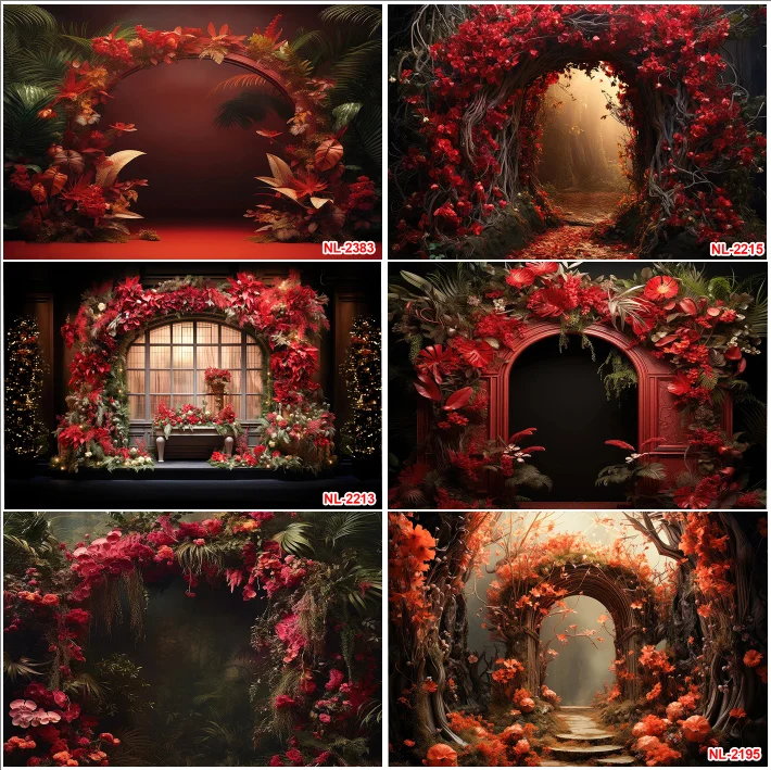 

Red Floral Arch Shape Trees Forest Backdrops Wedding Romantic Decoration Photographic Lovers Adult Portrait Party Backgrounds