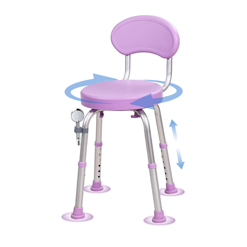 360° Rotating Shower Chair with Backrest 6-Level Height Adjustable Bath Seat Anti-Slip Swivel Bathtub Stool for Elderly Disabled