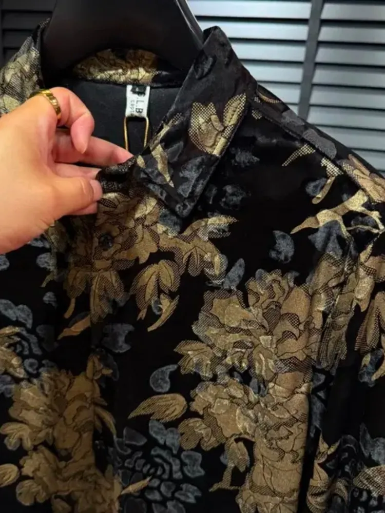 Camicia da uomo con colletto rovesciato a maniche lunghe stampata in velluto autunno inverno Camicia da uomo elegante di alta qualità di tendenza della moda