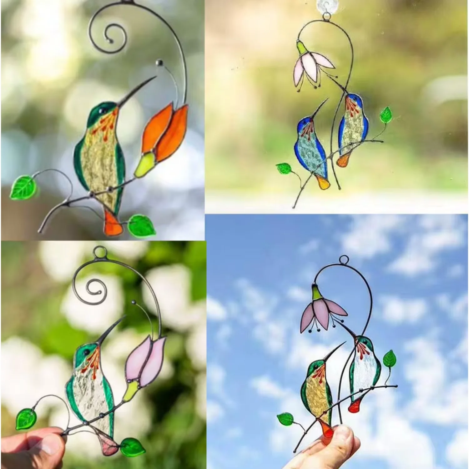 زينة الطيور الطنانة لنافذة حديقة طيور الحب معدن كريستال الحرف نافذة الشمس الماسك حلي معلقة