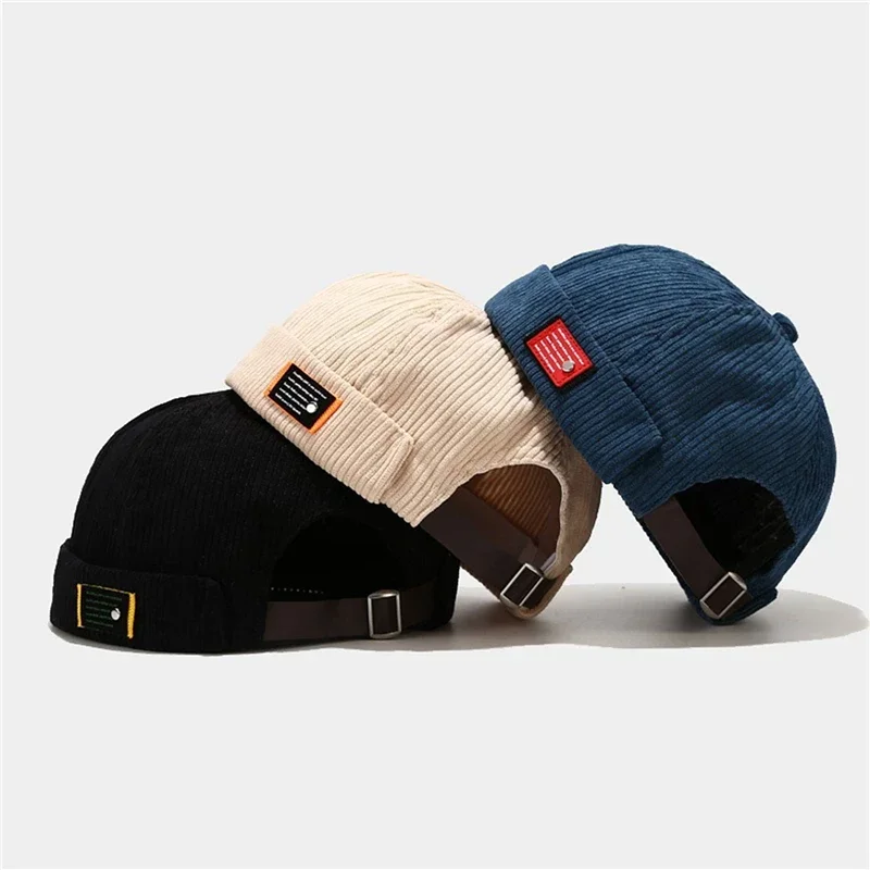 Retro Beanie Hat Unisex Solid Cap Streetwear Hip Hop Brimless Hats Vintage Corduroy Docker Caps For Men Adjustable Dome Hats