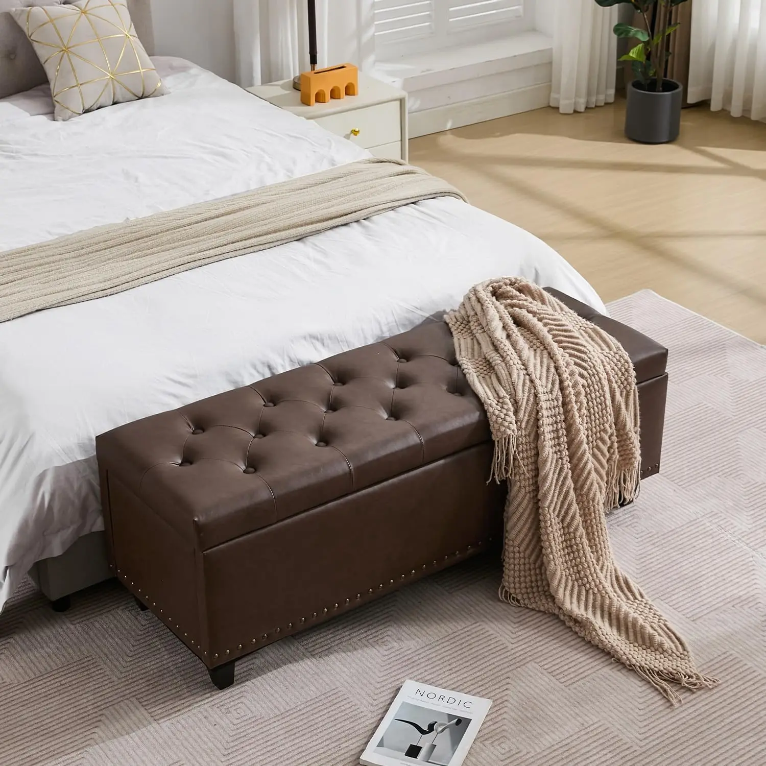 Dark Brown PU Storage Bench Button Tufted Ottoman Safety Hinge Rivets Large Bedroom Living Room Entryway Seat