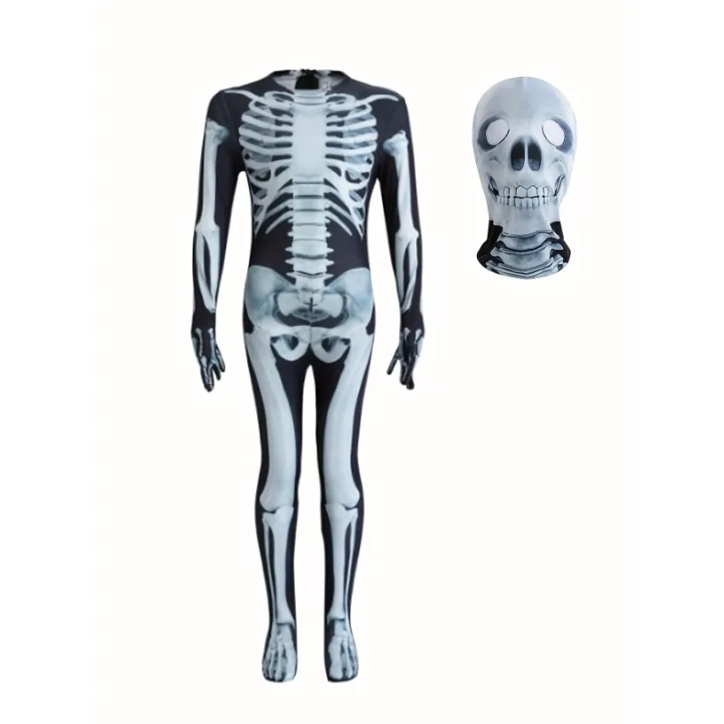 Odzież chłopięca z postaciami szkieletu, kombinezon i zestaw masek, zabawny strój chłopięcy na imprezę Halloween