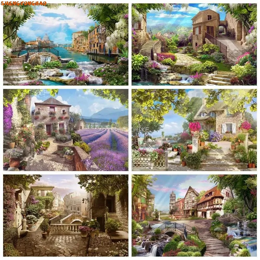 

Spring Village Rural Town Backdrops Photography Floral Park Garden Mountain River Tree Grass Home Decoration Backgrounds