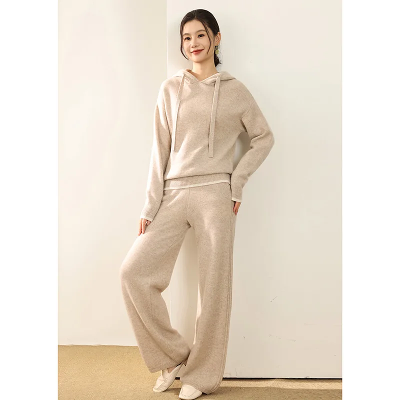 Women 100% Merino Wool Sweater Hooded Pullover Wide-leg Pants Set Raglan Sleeve Autumn Winter Loose Thick Knit Hoodie Trousers
