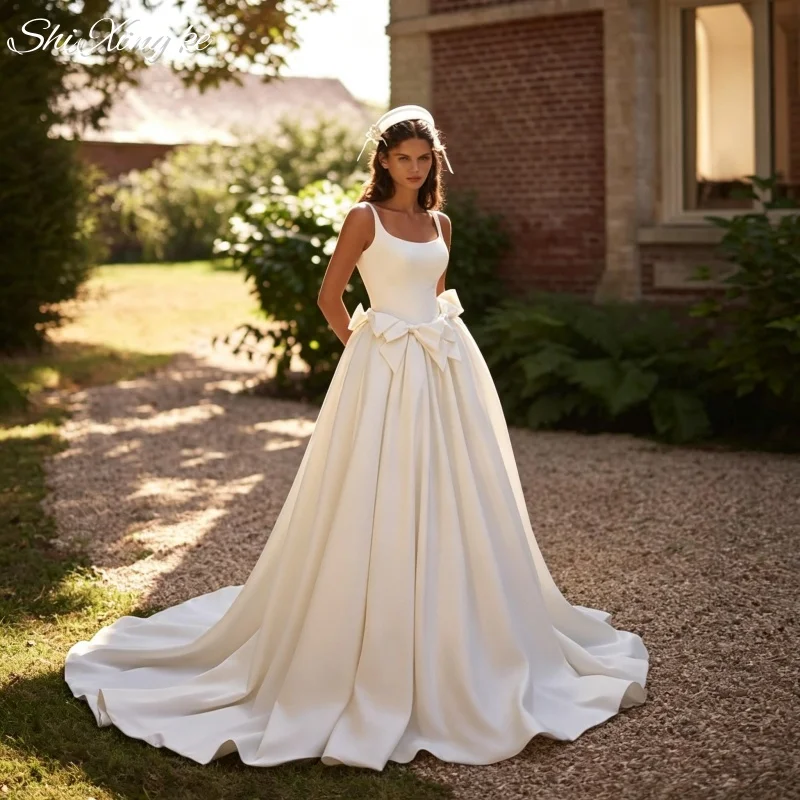 High‑End A‑Line Satin Wedding Gown 2026 Open Back Large Bow Chapel Train Vestidos De Novia Customized