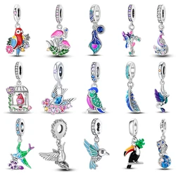 Spring New 925 Sterling Silver Feather Flowers Parrot Bird Charms Beads Fit 3mm 925 Original Bracelets Fine DIY Jewelry Gift
