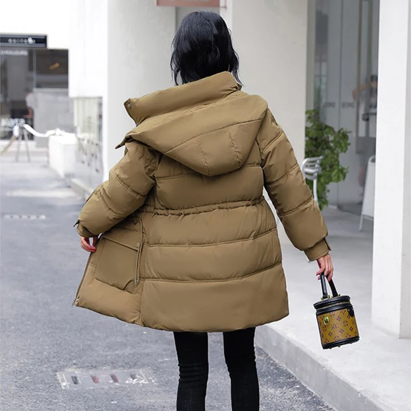 Women's Down Cotton Jacket Korean Slim Mid-length Lace-up Removable Hooded Overcoat 2023 Winter New Thicken Warm Parker Coat